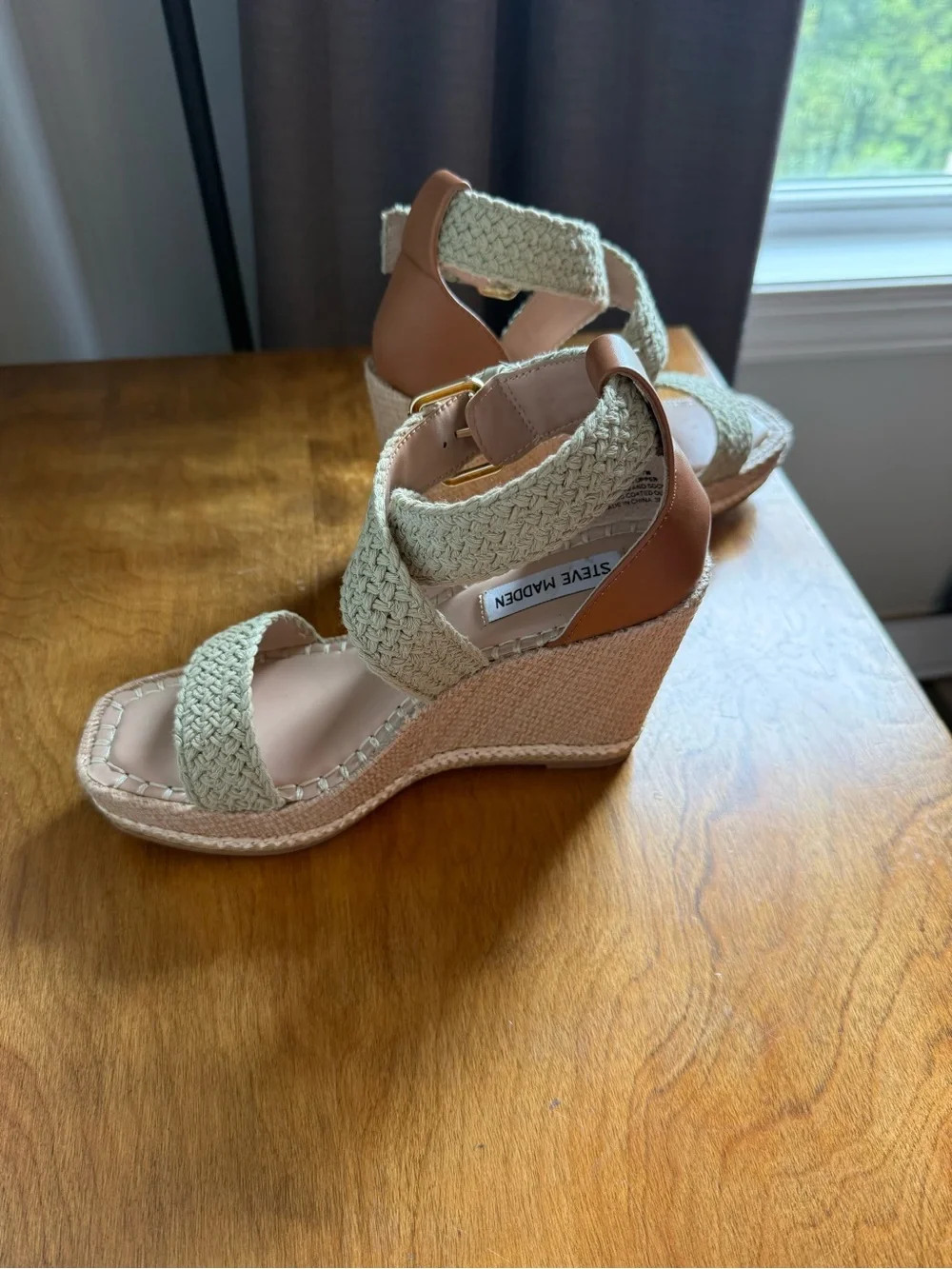 Steve Madden Cali Cream light Green Braided Crochet Espadrille Wedge Sandals